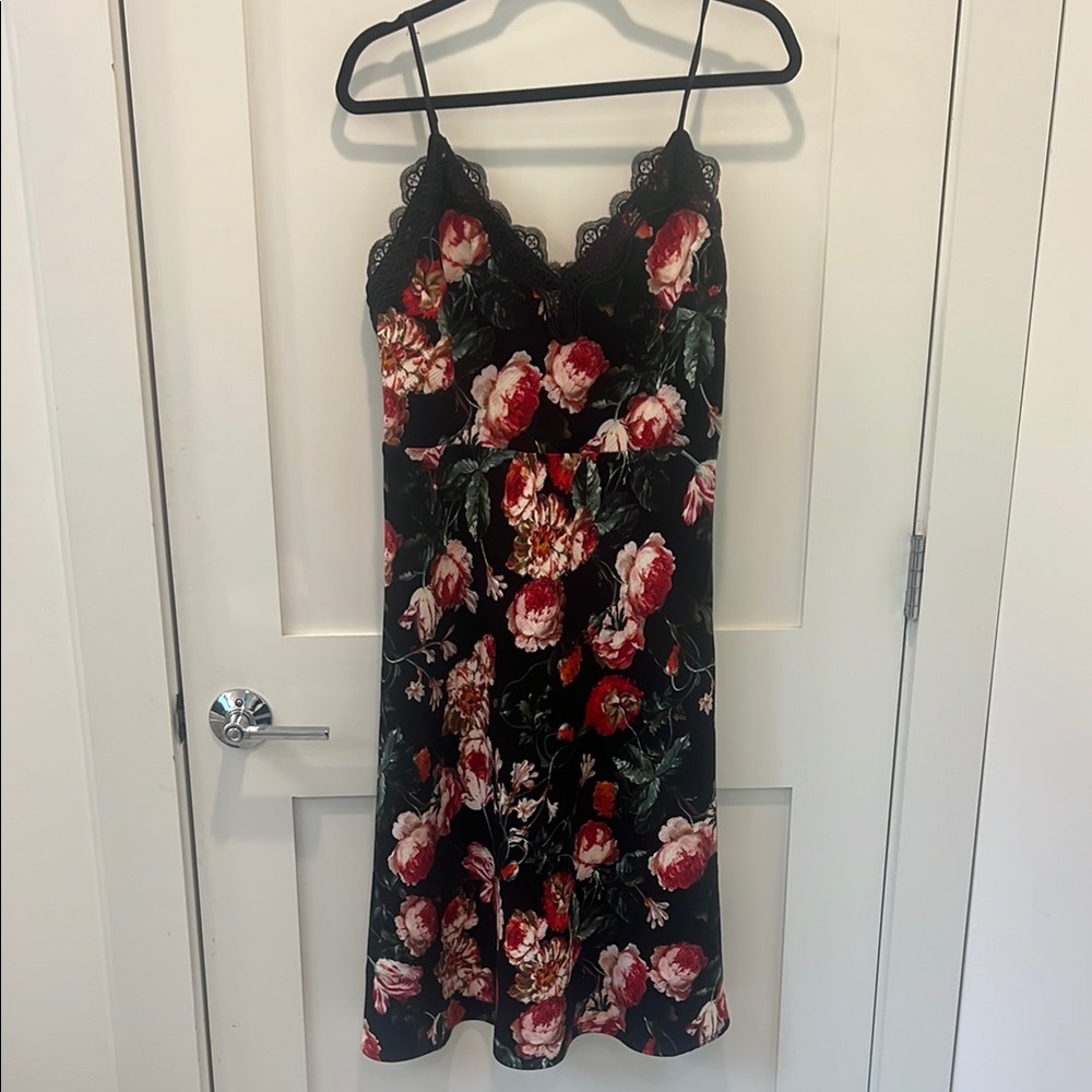 Anthropologie Black and Red Floral Lace Midi Dress